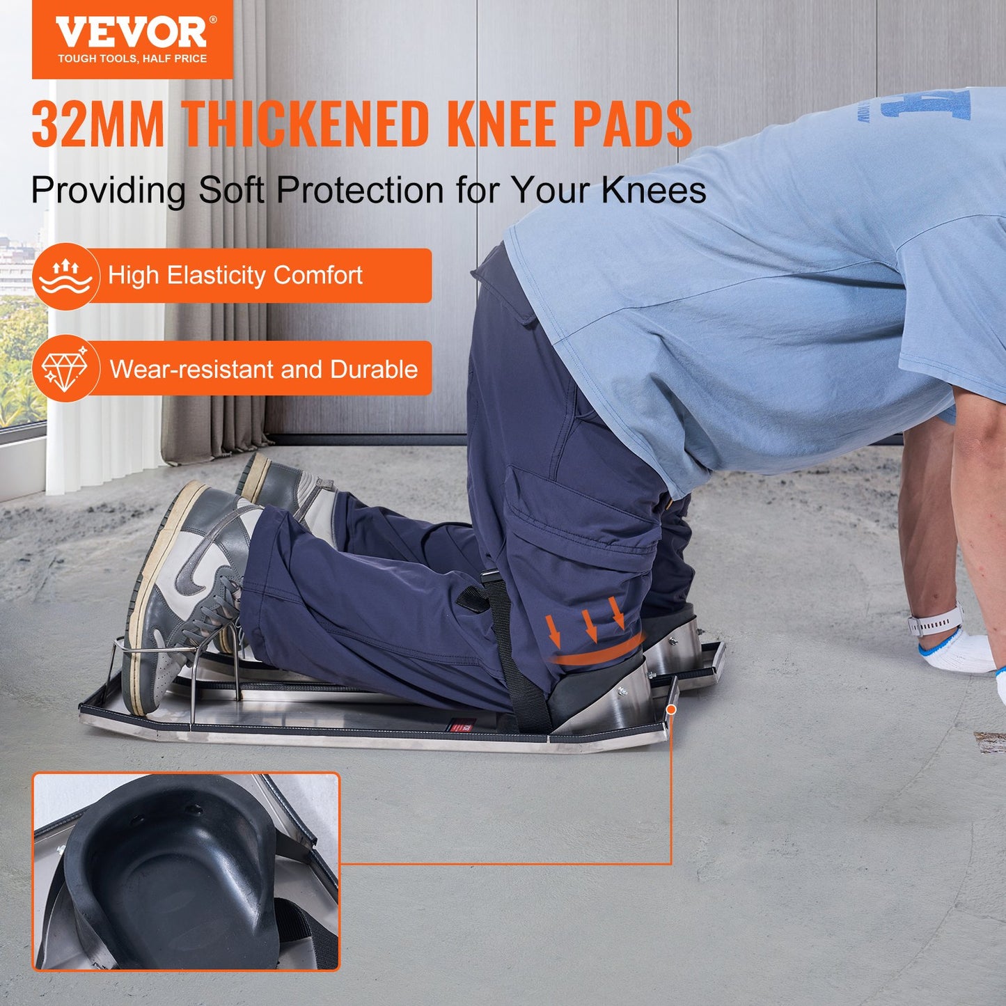 Concrete Knee Boards Stainless Steel, 28'' X 8'' Concrete Sliders, Knee Boards For Concrete, Concrete Knee Pads Moving Sliders, With Knee Pads & Board Straps For Cement And Concrete Finishing