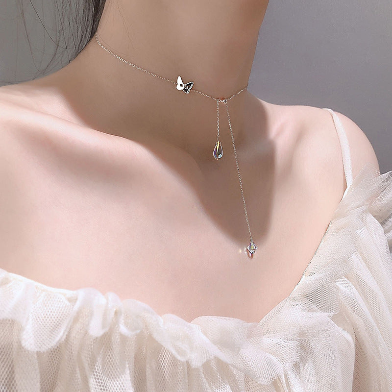 Butterfly water drop tassel necklace