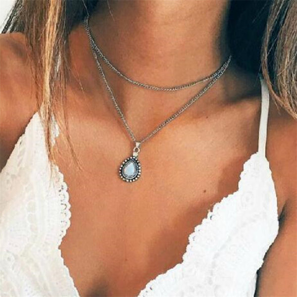 Water drop pendant multilayer necklace