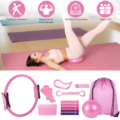 14Pcs All-in-One Pilates Kit, Pilates Ring Yoga Ball Resistance Bands Set With Carry Bag, Full Body Workout Equipment For Home Gym Travel